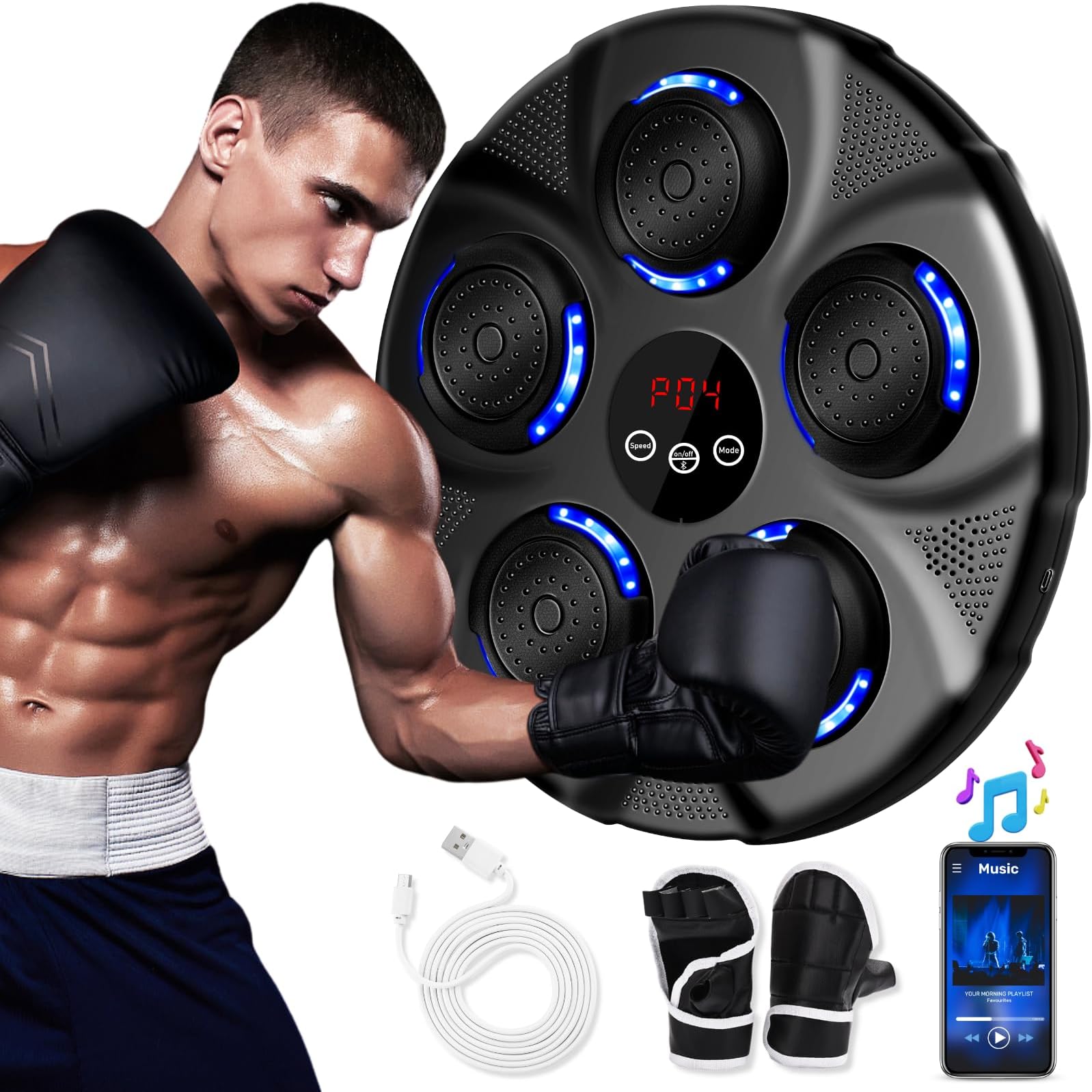 Deenor Smart Music Boxing Machine, Wall Mounted with 9 Modes/Speed Adjustment, Bluetooth Connection and Boxing Gloves, for Kids/Adults (Blue Light)