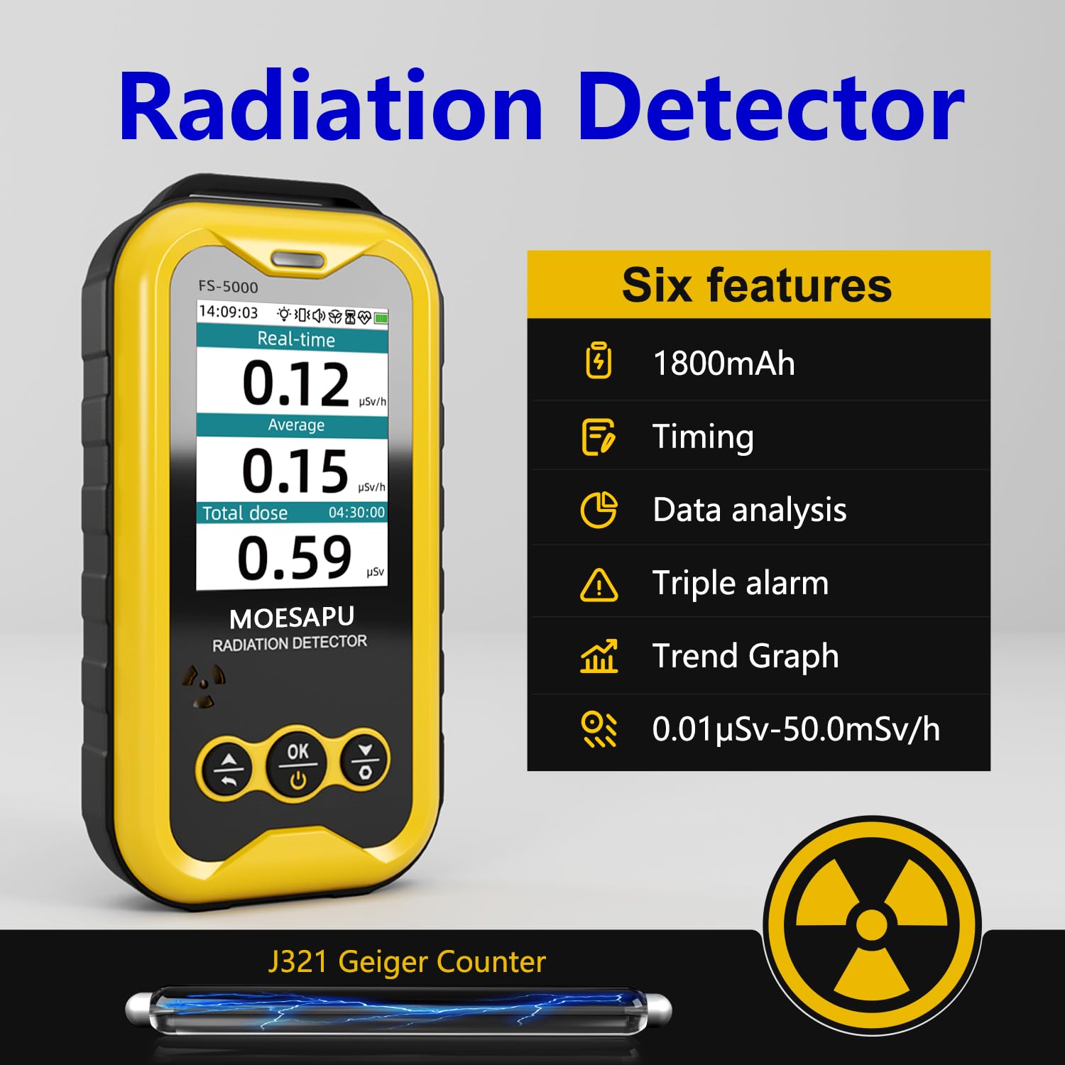 Geiger Counter with J321 GM Tube, Nuclear Radiation Detector with Click Sound for Beta Gamma X-ray, Uranium Glass Iodine Treatment Radioactive Dosimeter, Portable Alarm to Water Food, FS-5000