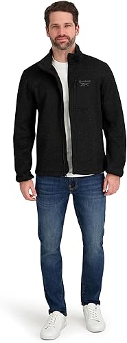 Reebok Mens Mock Neck Zip-Up Textured Fleece Shell Jacket, Black, S