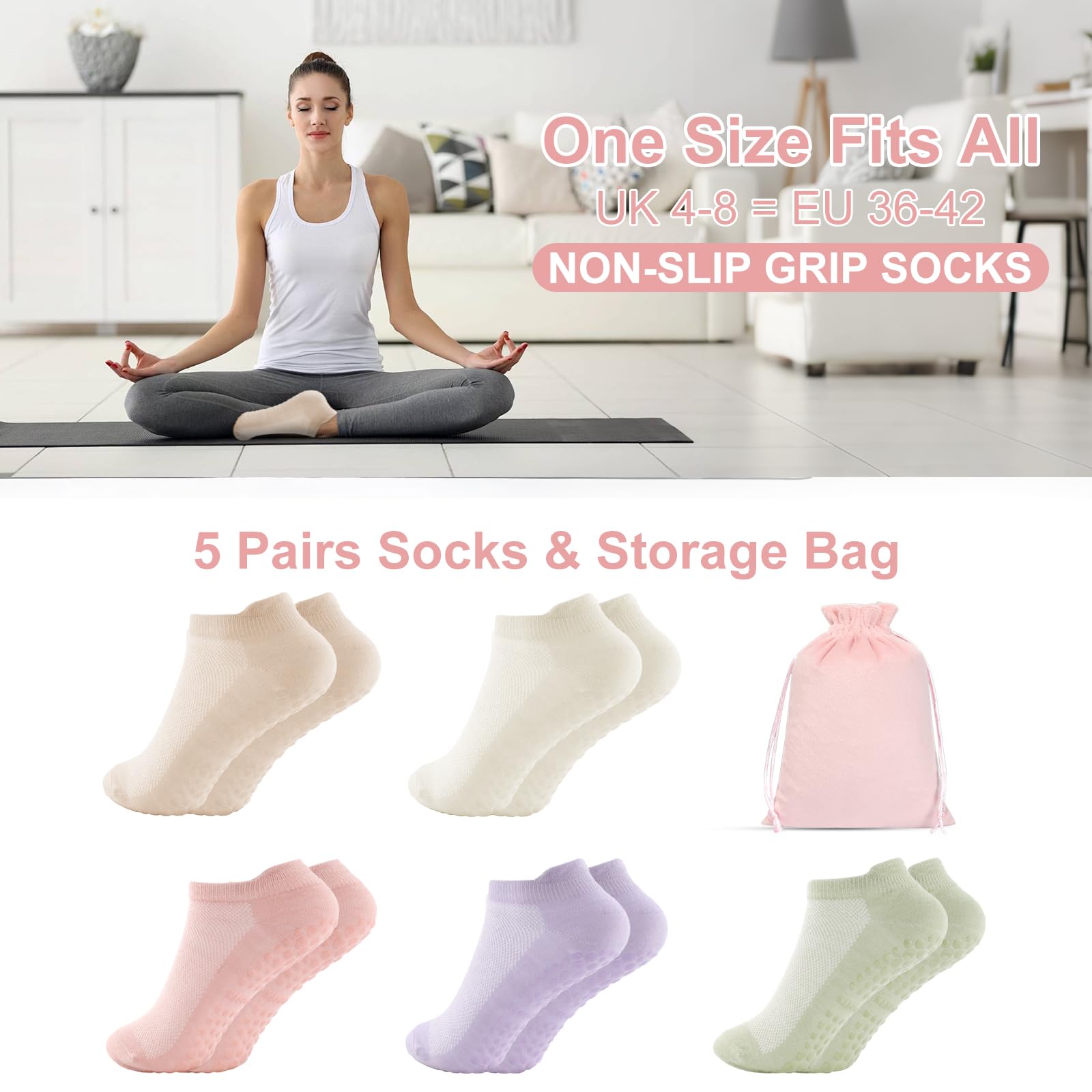 5 pares de calcetines de pilates para mujer, antideslizantes, de algodón, transpirables, estilo tobillero, para bar, baile, gimnasio, hogar, reformador, entrenamiento, estudio, uso