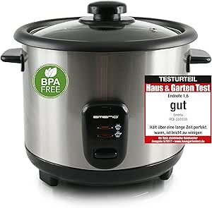 EMERIO automatischer Eco Reiskocher | 1.5L Volumen | Warmhaltefunktion | Auto Off | Antihaftbeschichtung | Glasdeckel | inkl Reislöffel + Messbecher | Schongarer | 500 Watt | Edelstahl | RCE-110118.5