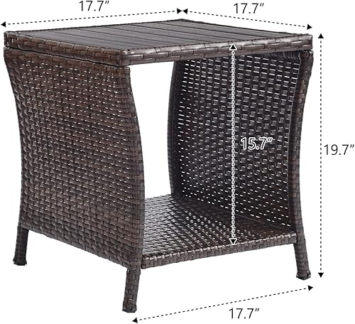 Miniatura 7 de Mesa auxiliar de patio al aire libre, pequeña mesa auxiliar de mimbre marrón para almacenamiento exterior, mesa de centro con mesa de madera de