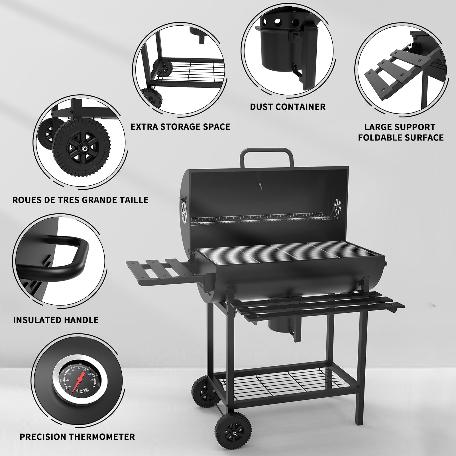 TEENO Chariot à Barbecue de Bois,Grill XXL à Charbon avec Couvercle, Thermomètre,Tiroir à Cendres,Comprend une housse en tissu imperméable et anti-poussière, Évent Réglable