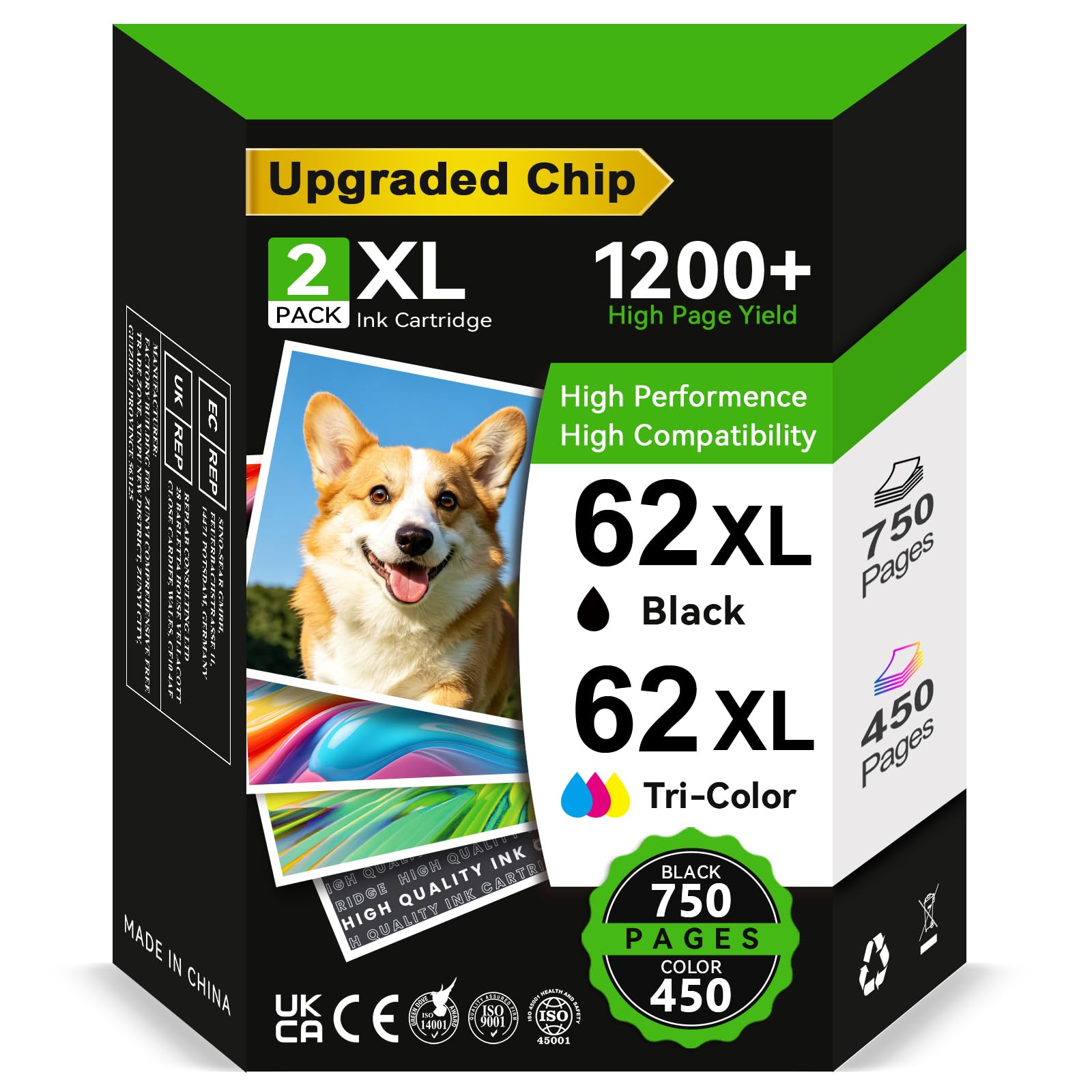 ECOINKO Cartuchos 62XL BK+CMY - 1200+ Páginas, Reemplazo para Tinta HP 62 XL Negro y Color Originales, Tinta Impresora 62 XL para HP Officejet 200 200c 250 250C 258 Envy 5540 5541 5545 5640 5642 5646