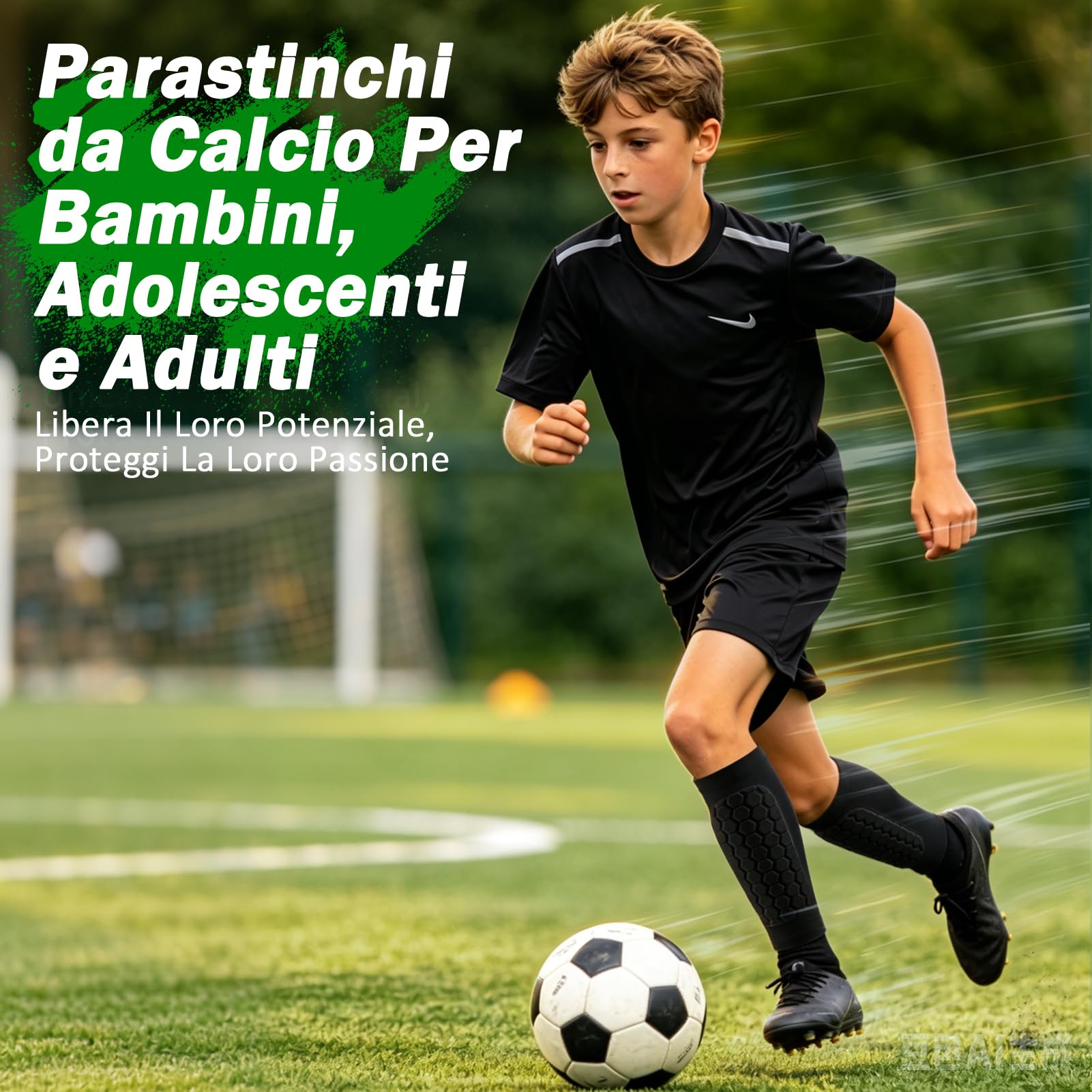 Kiiwah Parastinchi da Calcio 1 Paio Nero con Cuscinetti a Nido d'Ape e Imbottitura EVA – Traspiranti, Antiscivolo, Antishock Manica Protettiva per Polpacci adatti per Bambini, Gioventù e Adulti