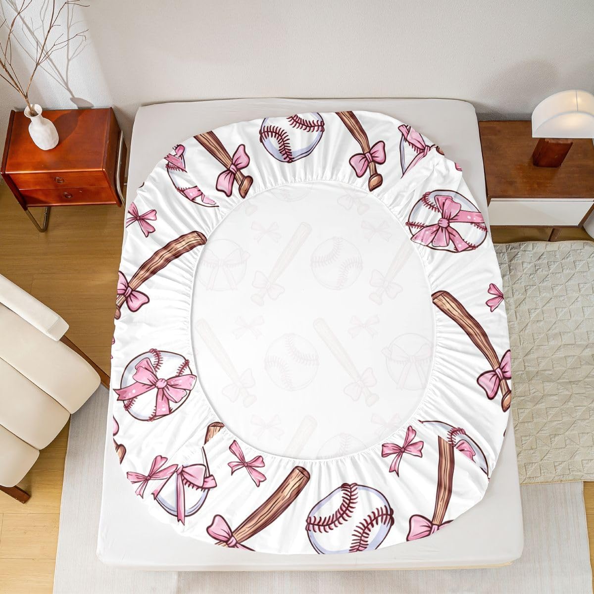 Baseball Bat Fitted Sheet Pink Bowknot Twin Bed Sheets for Boys Girls Teen Men,Ball Game Hobby Activity European Sports Game Bed Set, Kawaii Room Decor Aesthetic image 2