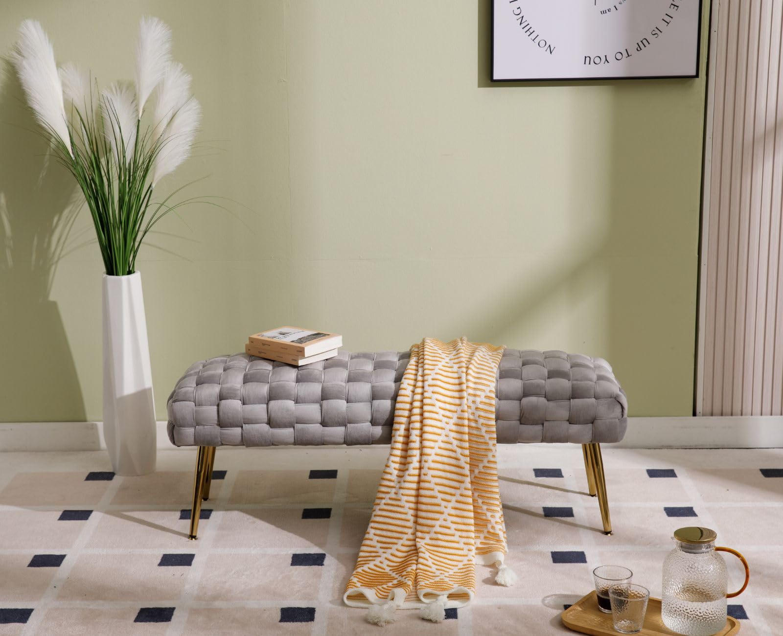 Banco Otomano de Terciopelo Tapizado con Patas de Metal Dorado, Asiento para Ventana para Dormitorio y Sala de Estar, Gris