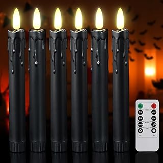 Halloween Flameless Flickering Black Taper Candles 7.4inch Long Candle Light with 10-Key Remote Tall Candlesticks for Christmas Wedding, Party, and Home Decor (6pcs，Black)