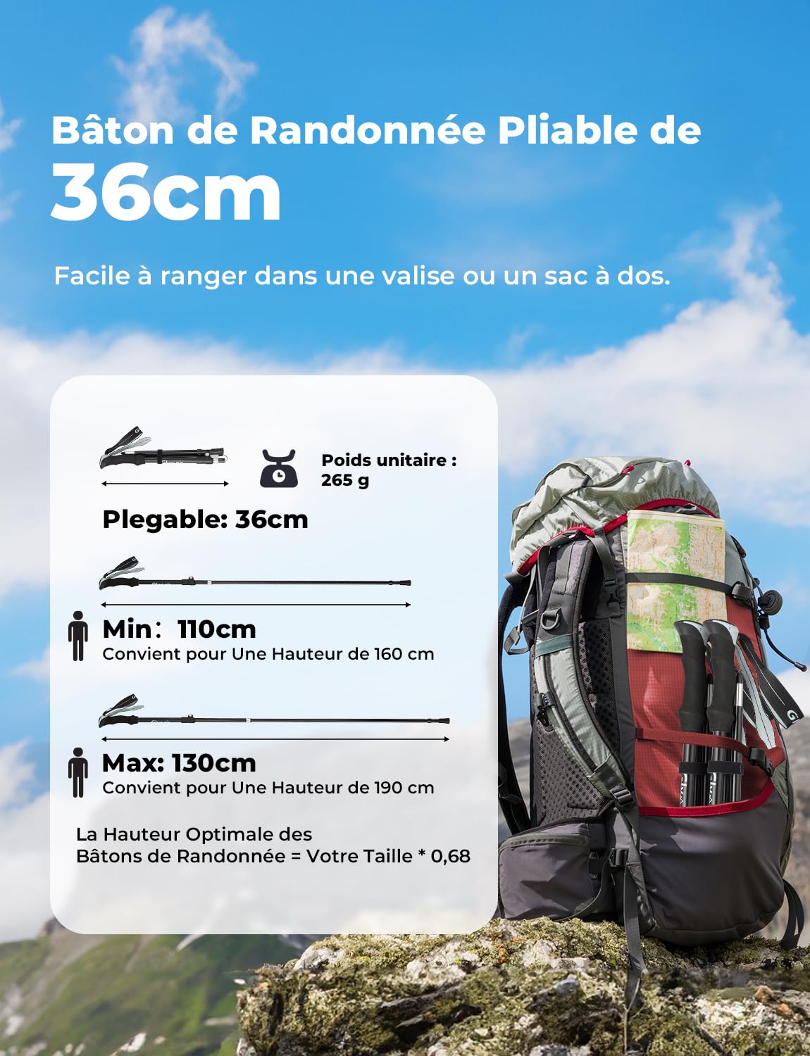 Glymnis Bâtons de Marche Bâtons de Randonnée en Aluminium 7075 Réglable de 36 à 130 cm et Fermeture par 4 Paires de Tampons en Caoutchouc pour Le Conditionnement du Trekking