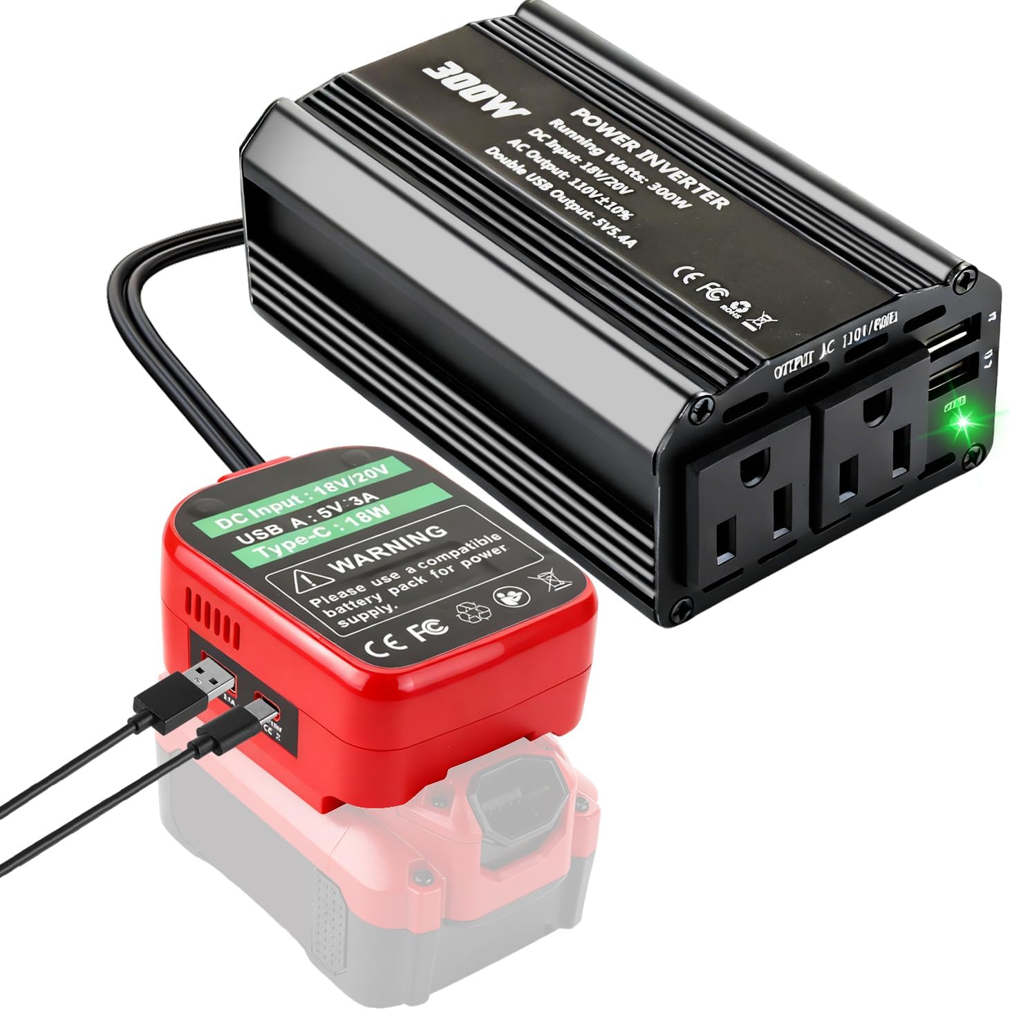 300W Power Inverter Compatible with Craftsman, DC 20V to AC 110-120V Battery Inverter, Portable Battery Adapter Charger Converter with 3 USB & 1 Type-C & 2 AC Outlet for Outdoor,Emergency(Tool Only)