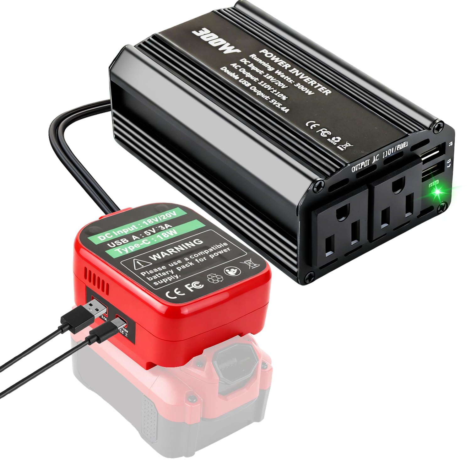 300W Power Inverter Compatible with Craftsman, DC 20V to AC 110-120V Battery Inverter, Portable Battery Adapter Charger Converter with 3 USB & 1