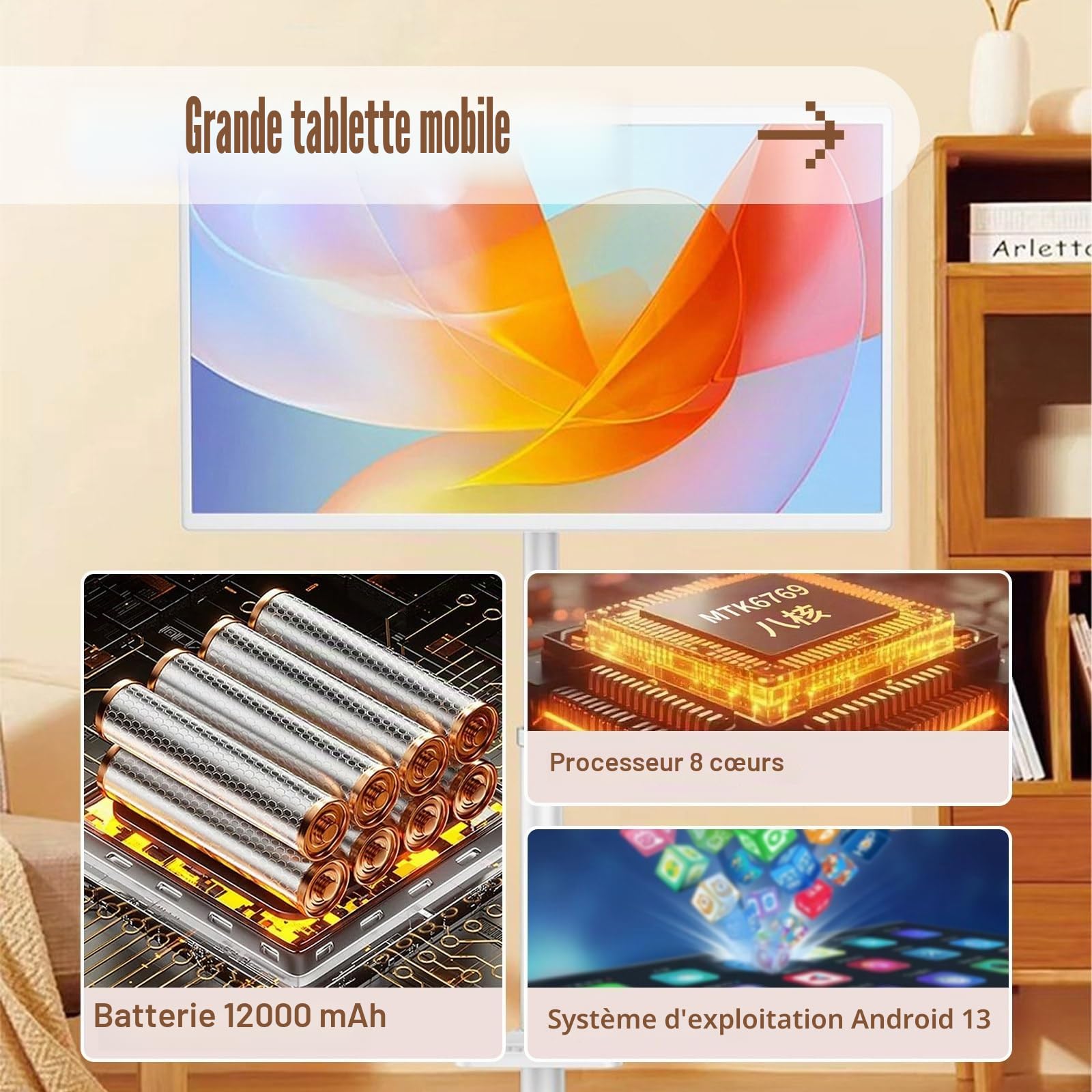 TV Portable avec Connectivité sans Fil, Smart TV 32 Pouces, Rotatable Touchscreen, Portable Display with Battery, Idéale pour Visioconférences Et Streaming