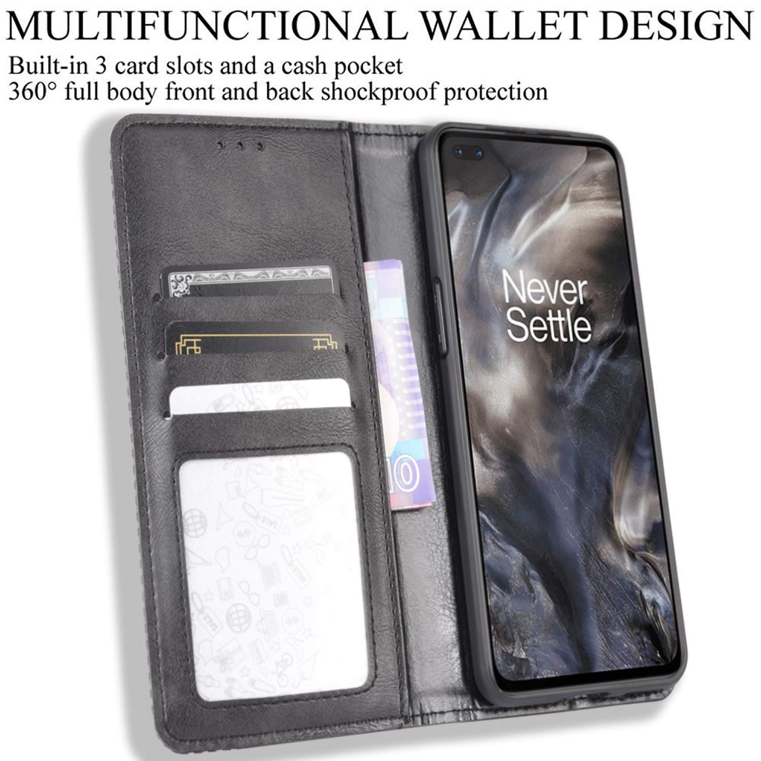 Custodia Portafoglio In Pelle Per Oneplus Nord - Cover Flip Con 3 Slot Carte E Supporto, Interno TPU Antishock