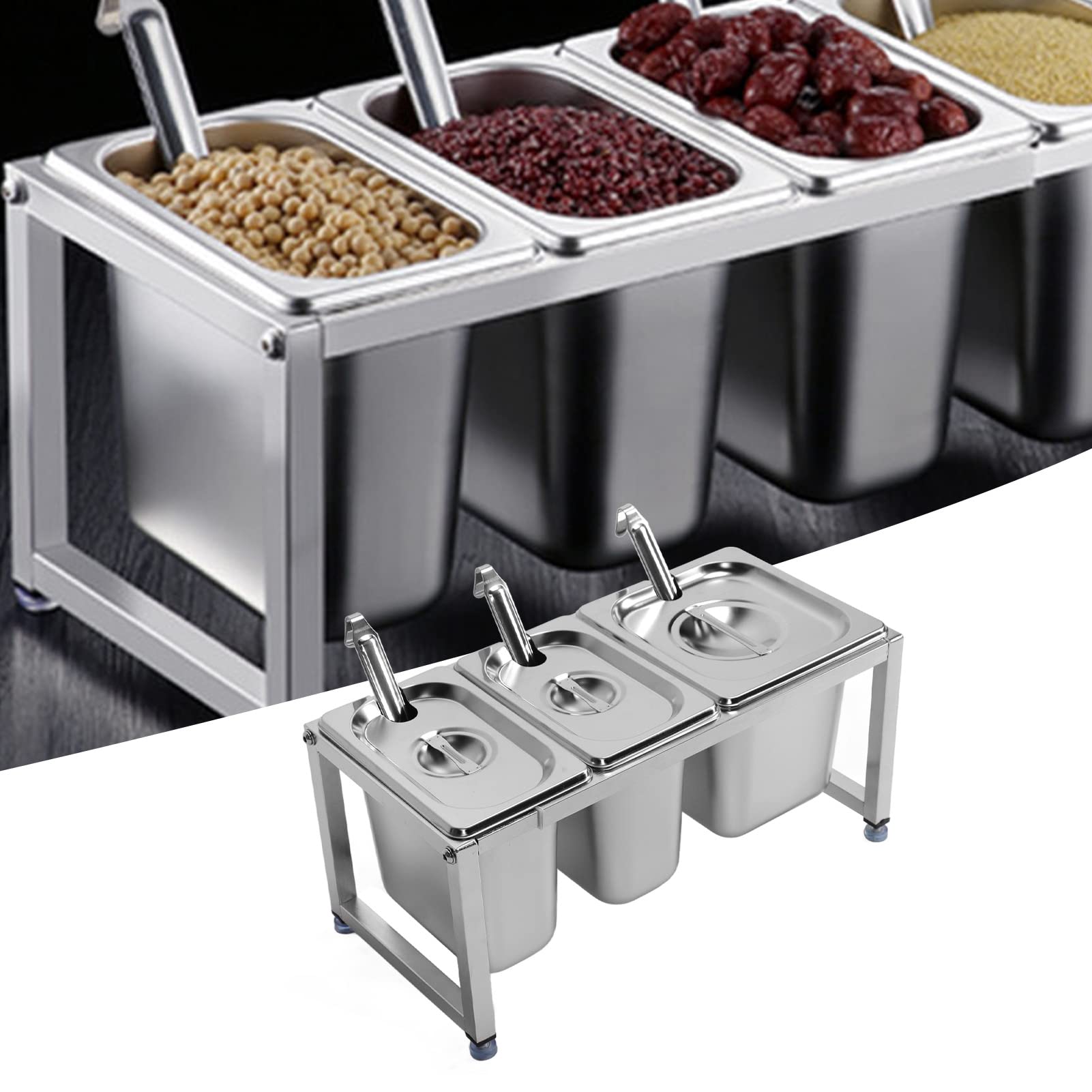 Dispensador de condimentos de acero inoxidable, soporte ajustable para mermeladas y especias para restaurantes, tiendas de té, salsas y frutas, 2,2 L + 1,6 L de capacidad y versátil