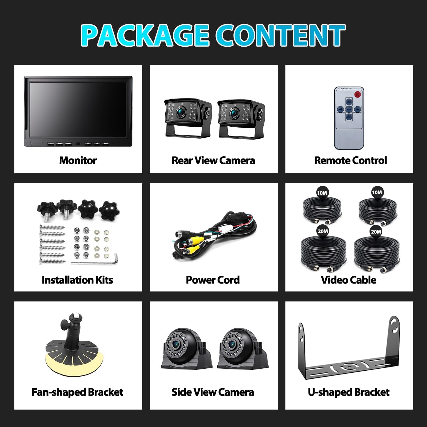 Fookoo Ⅱ 10" 1080P Wired Backup Camera System Kit,10" HD Quad Split Screen Monitor with Recording IP69 Waterproof Rear View Side View Camera Parking Lines for Truck/Semi-Trailer/Box Truck/RV(DY104)