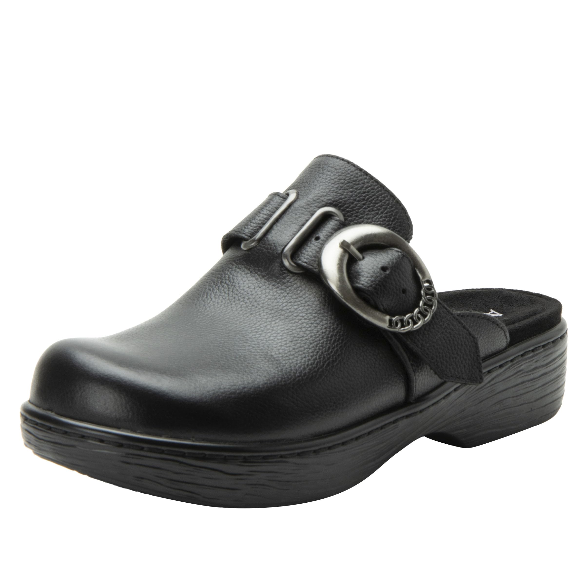 Alegria Women's Osmosis Open Back Wood Look Rocker Leather Clog Heel