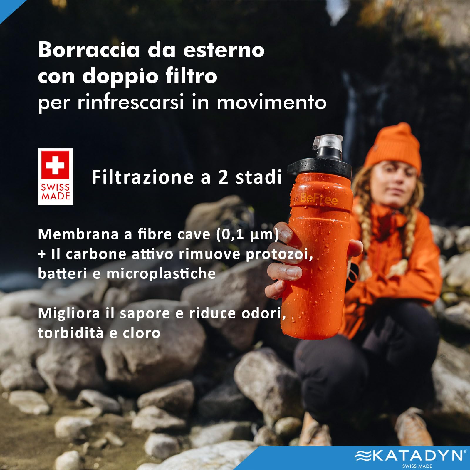 Katadyn BeFree AC Bottle 0,7 l, filtro dell'acqua per esterni, ultraleggero, fibra cava e carbone attivo, campeggio, trekking, viaggi, filtrazione dell'acqua portatile, senza BPA (rosso)