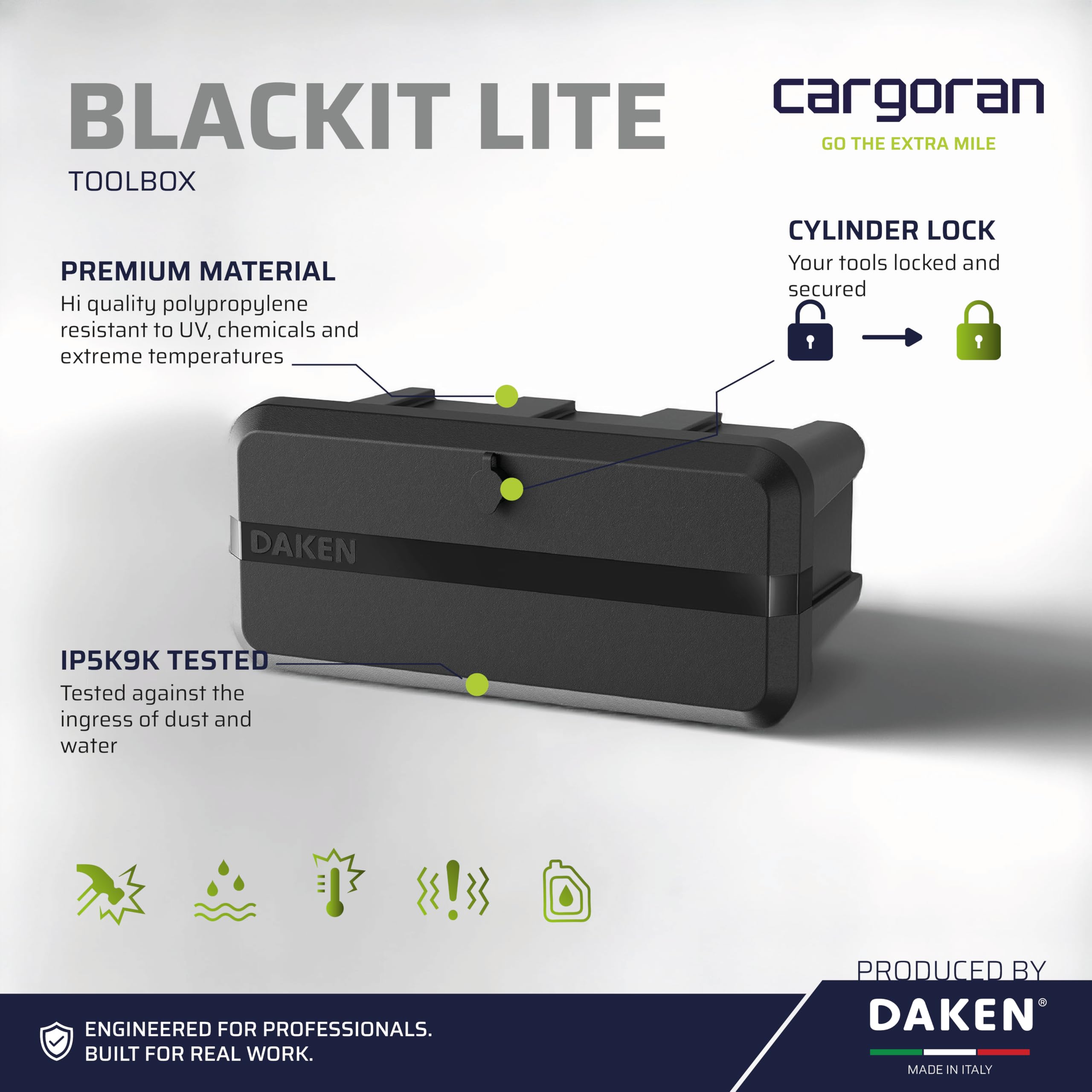 DAKEN Blackit Lite Caisse à outils en plastique avec serrure, pour chariots et remorques légères, installation sous plancher ou en coffre, 550 x 255 x 310 mm, 20 l (noir, standard)