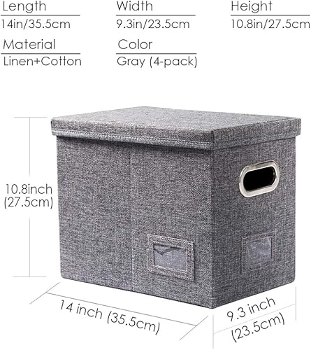 Miniatura 48 de PRANDOM Caja organizadora de archivos, juego de 4 carpetas plegables decorativas de lino para almacenamiento de archivos colgantes con tapas, Gris