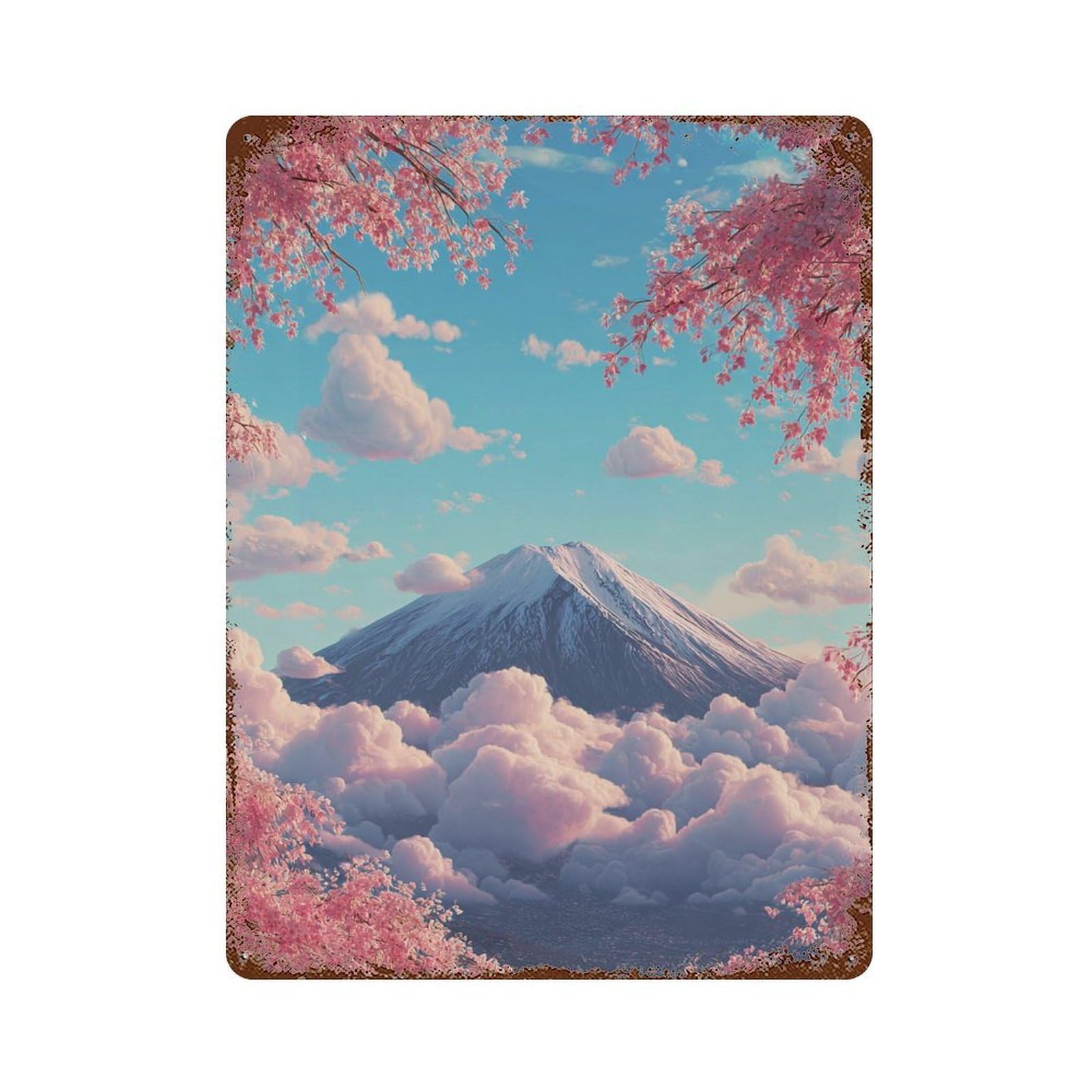 Vintage Rust Metal Sign Cherry Blossom Fuji Mountain Scene 15.7"x11.8", Industrial Home Decor for Farmhouse, Kitchen And Entryway Decor