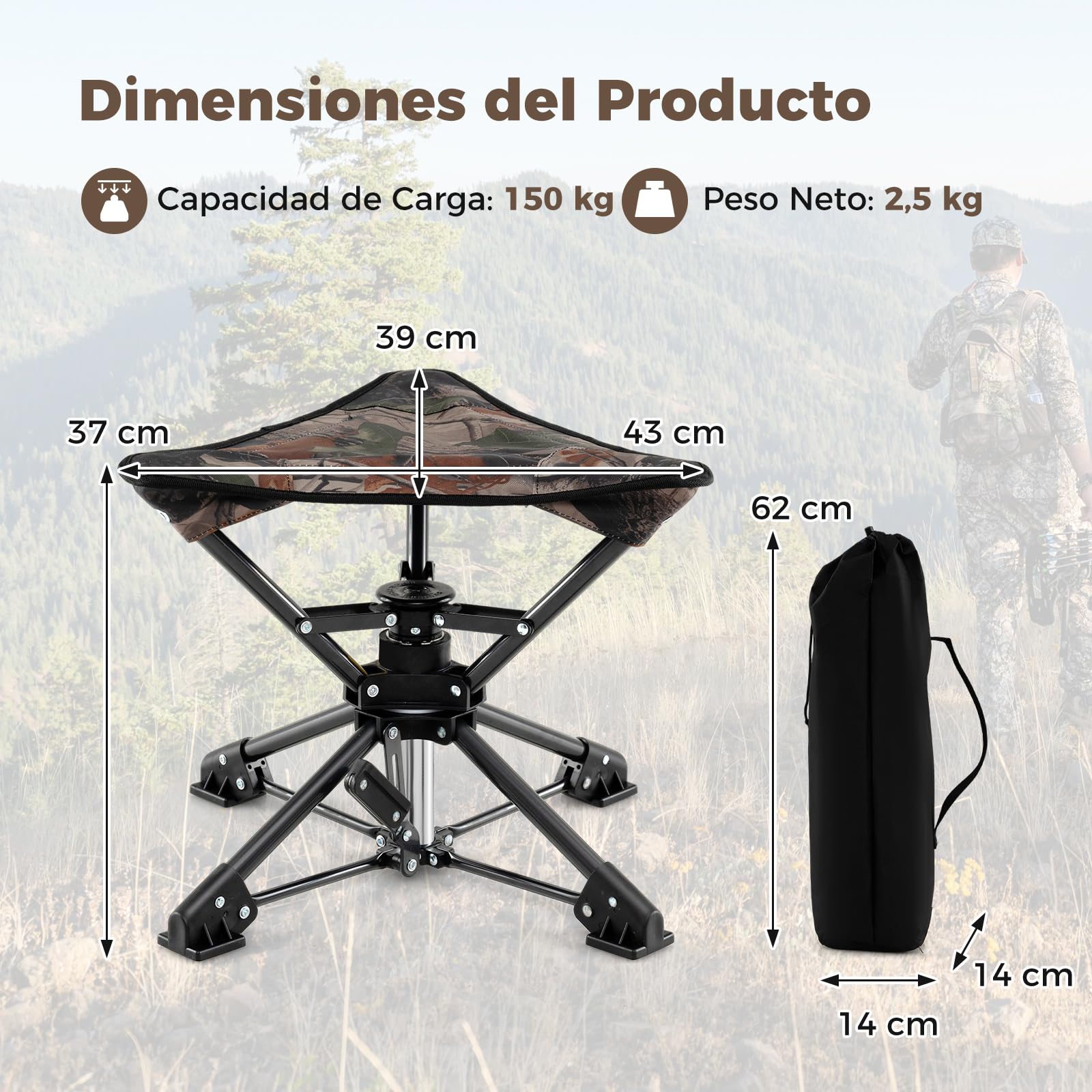 COSTWAY Taburete Plegable Caza, Silla Portátil Camping con Base Antideslizante, Bolsa de Transporte, Taburete Trípode Camping, Pesca Picnic Senderismo Viajes Playa, 43 x 39 x 37 cm (Camuflaje)