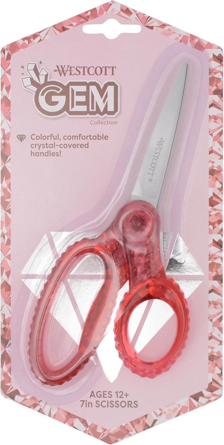 Westcott GEM Crystal-Design 7-Inch Pointed Student Scissors for Ages 12+, Classroom Essential with Comfortable Grip, Ideal for Left or Right Hand, Back to School, School Supplies, Pink