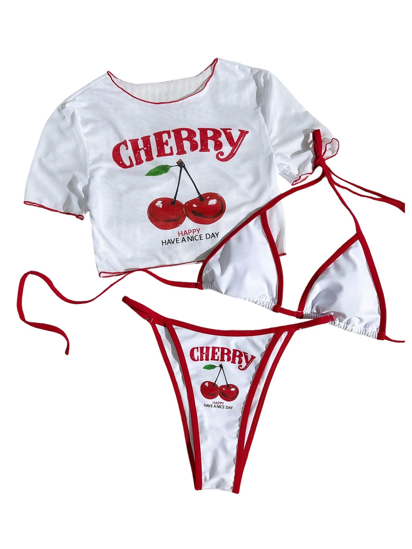 SHENHE Womens 3 Piece Cherry Swimsuits Y2k Triangle Halter Thong Bikini Set with Cover Up