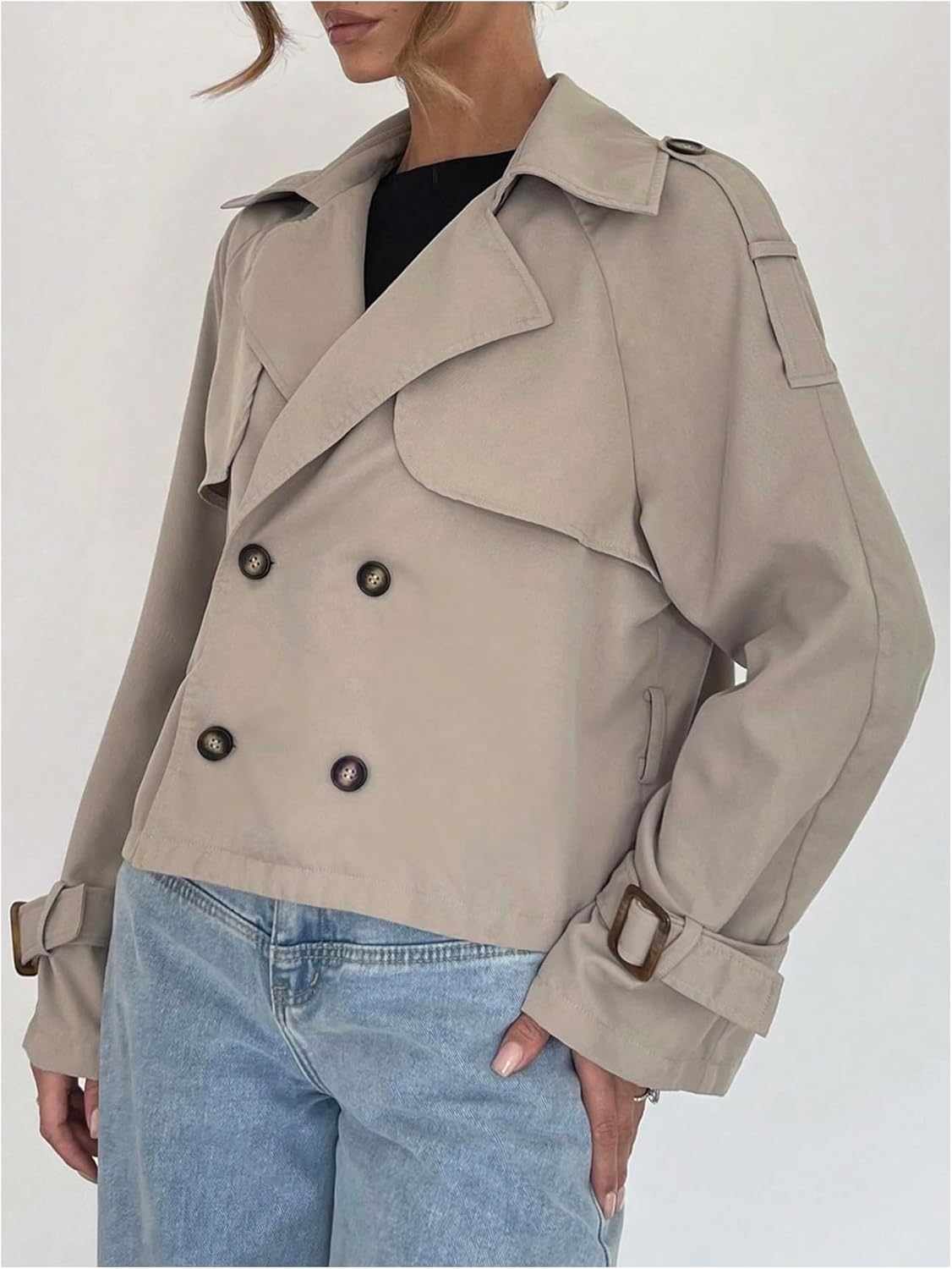 Verdusa Women's Fall Jacketrs Trench Coat Long Sleeve Lapel Collar Button Down Cropped Jacket Outerwear - Image 3