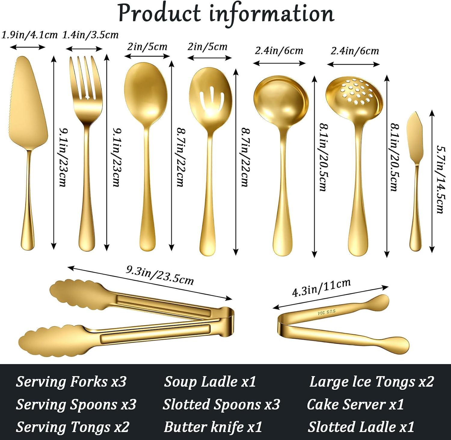 17 Pcs 8.7''Stainless Steel Gold Serving Utensils Large Serving Spoons 8.7''Slotted Spoons ServingFork 9'' ServingTongs Pie Cake Server Soup Spoon Metal Buffet Banquet Cutlery for Parties Catering