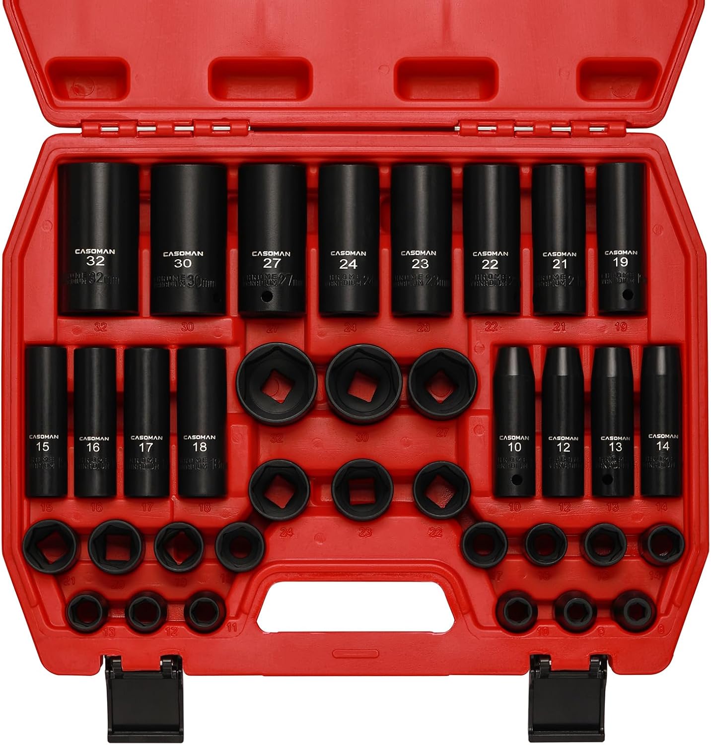 CASOMAN 36-Piece 1/2” Drive Metric Deep and Shallow Impact Socket Set, 6-Point, CR-V, for Auto Repair, with Portable Case, Rugged Construction