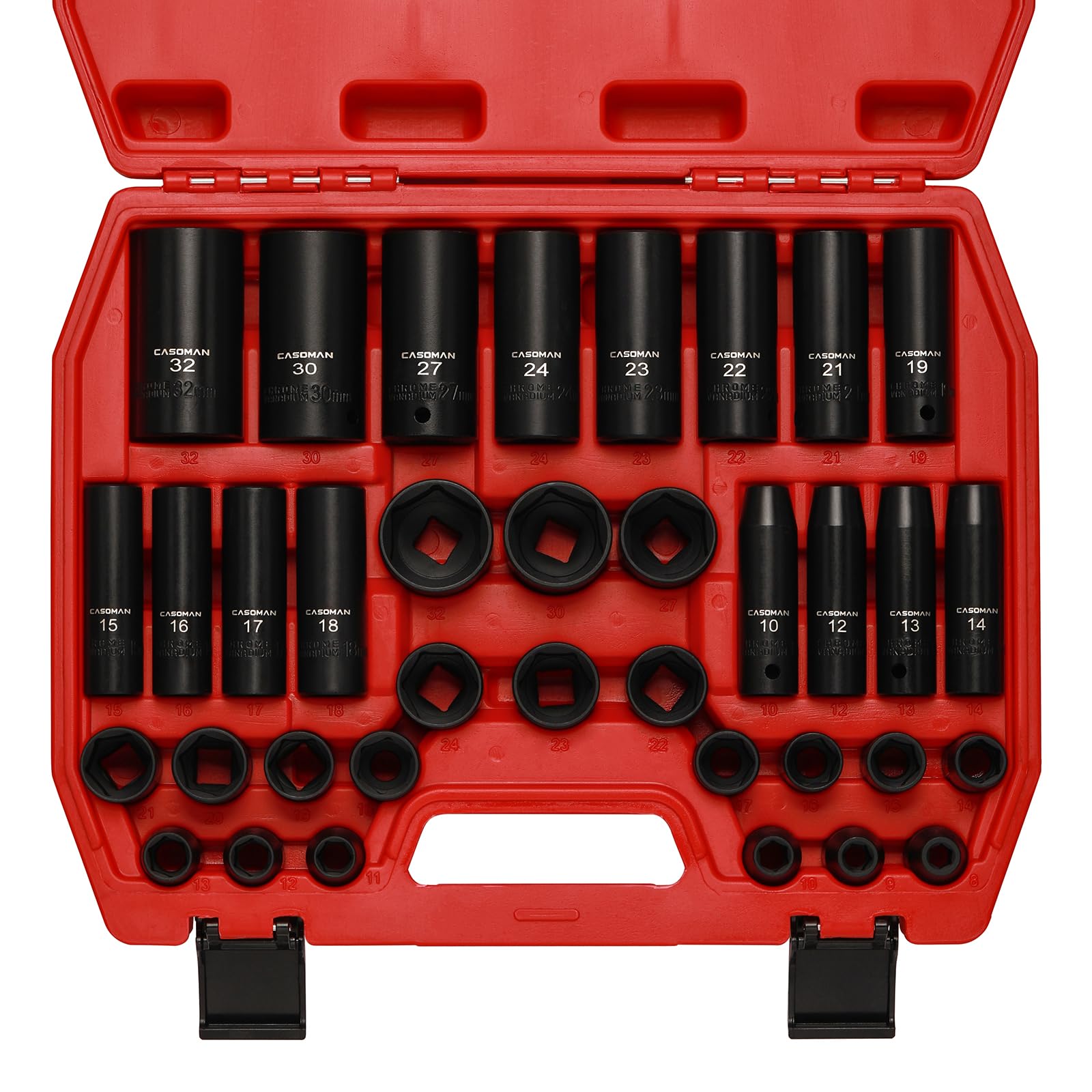 CASOMAN Juego de 36 llaves de vaso métricas de impacto profundo y poco profundo de 0.5 pulgadas, 6 puntos, CR-V, para reparación de automóviles, con funda portátil, construcción resistente