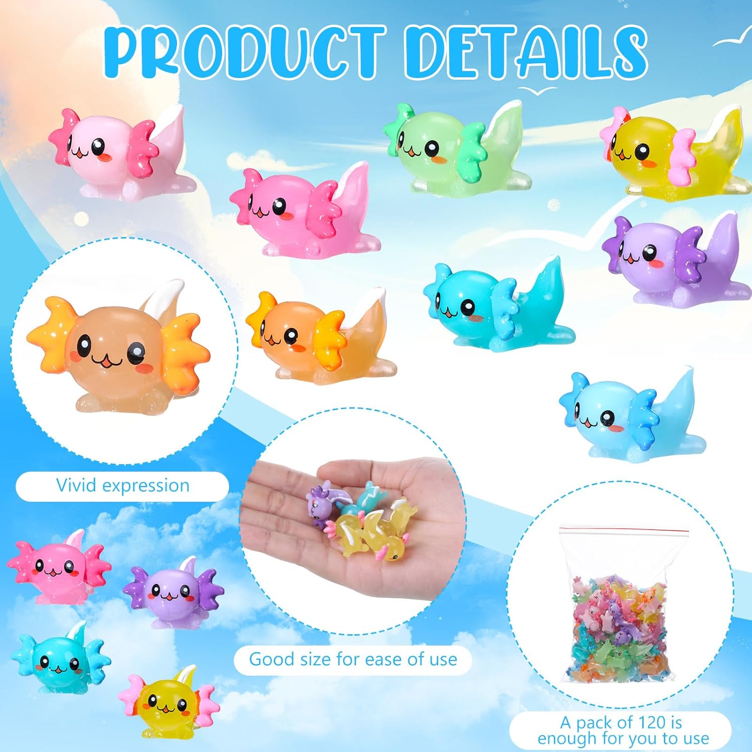 Liliful 120 Pcs Mini Resin Animals Axolotl Toy Gifts Mini Resin Figurines Birthday Decorations Miniature Axolotl Figurine Charms for DIY Crafts Garden