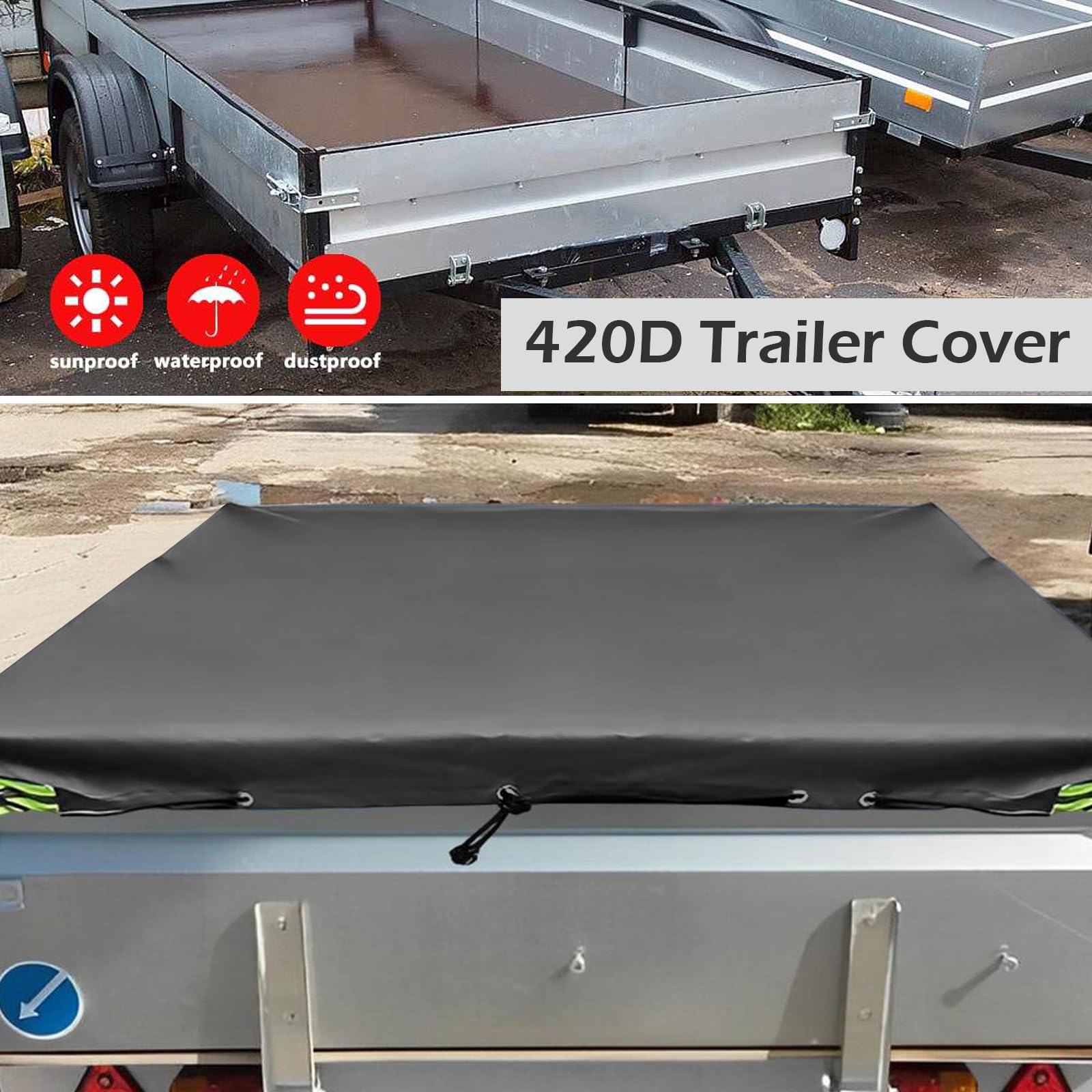 LCAUTFR Aanhangerzeil, plat zeil, 208 x 114 x 10 cm, aanhangerafdekking, pvc, waterdicht en scheurvast, met zeiltouw, reflecterende strepen, ogen, voor Stema BÖckmann autoaanhanger, 750 kg