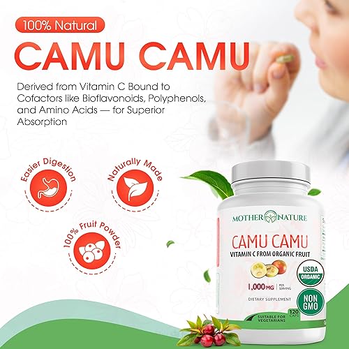 Miniatura 6 de Cápsulas Mother Nature Organics Camu Berry – Repleto de vitamina C natural y antioxidantes crudos – Refuerzo inmunológico y antienvejecimiento –