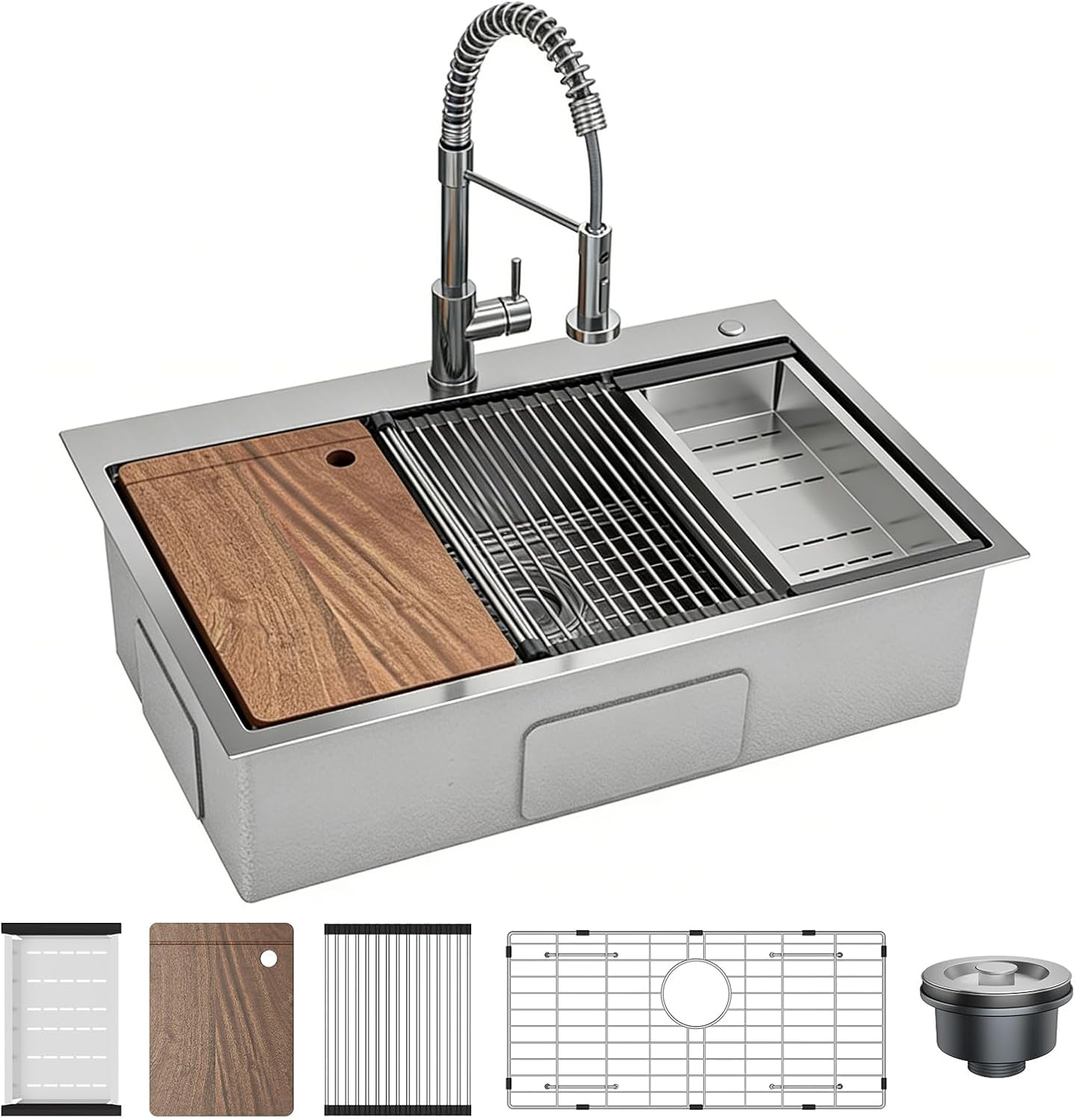 304 Stainless Steel Kitchen Sink - Single Bowl Drop-in Workstation with Hot/Cold Pull-Out Faucet - x-Shaped Quick Drainage & Sound-Deadening Design - R10 Rounded Corners for Easy Cleaning