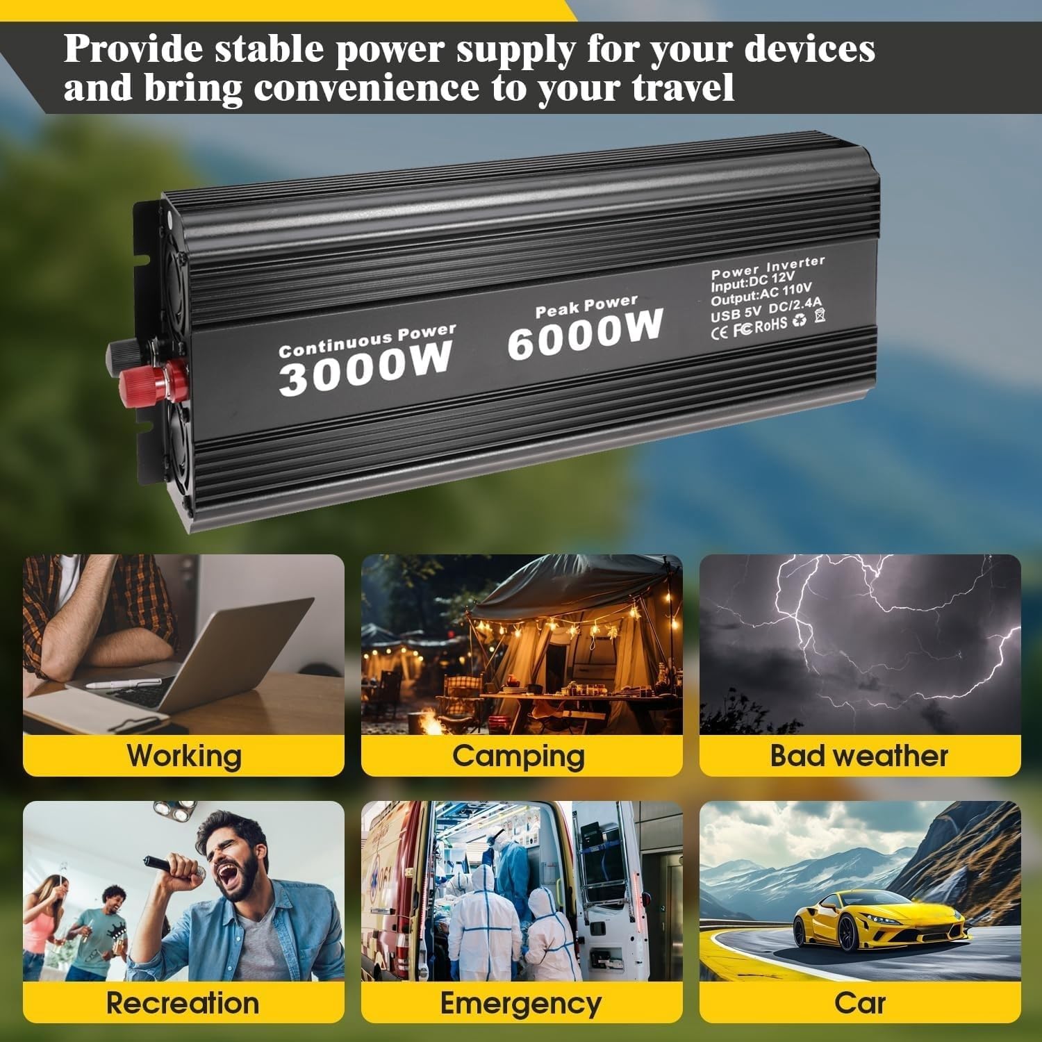 3000W Power Inverter Peak Power 6000W 12V DC to 110V 120V AC Converter with USB Port, 2 AC Outlets, 1 Pair Battery Cables, LCD Display for Vehicles Car Outdoor RV Boat Camping Emergency