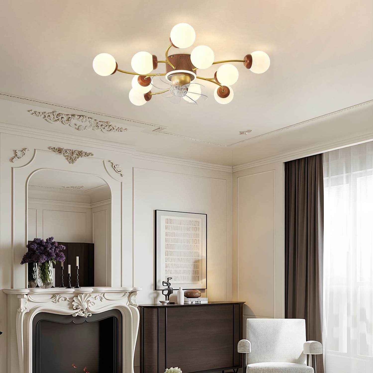 Ceiling Fan with Lights and Remote 10-Light Vintage Chandelier Light Fixture Bedroom Light with Fan Gold 3000K-6000K Dimmable Fandelier Ceiling Fan 6 Speeds, Walnut Wood