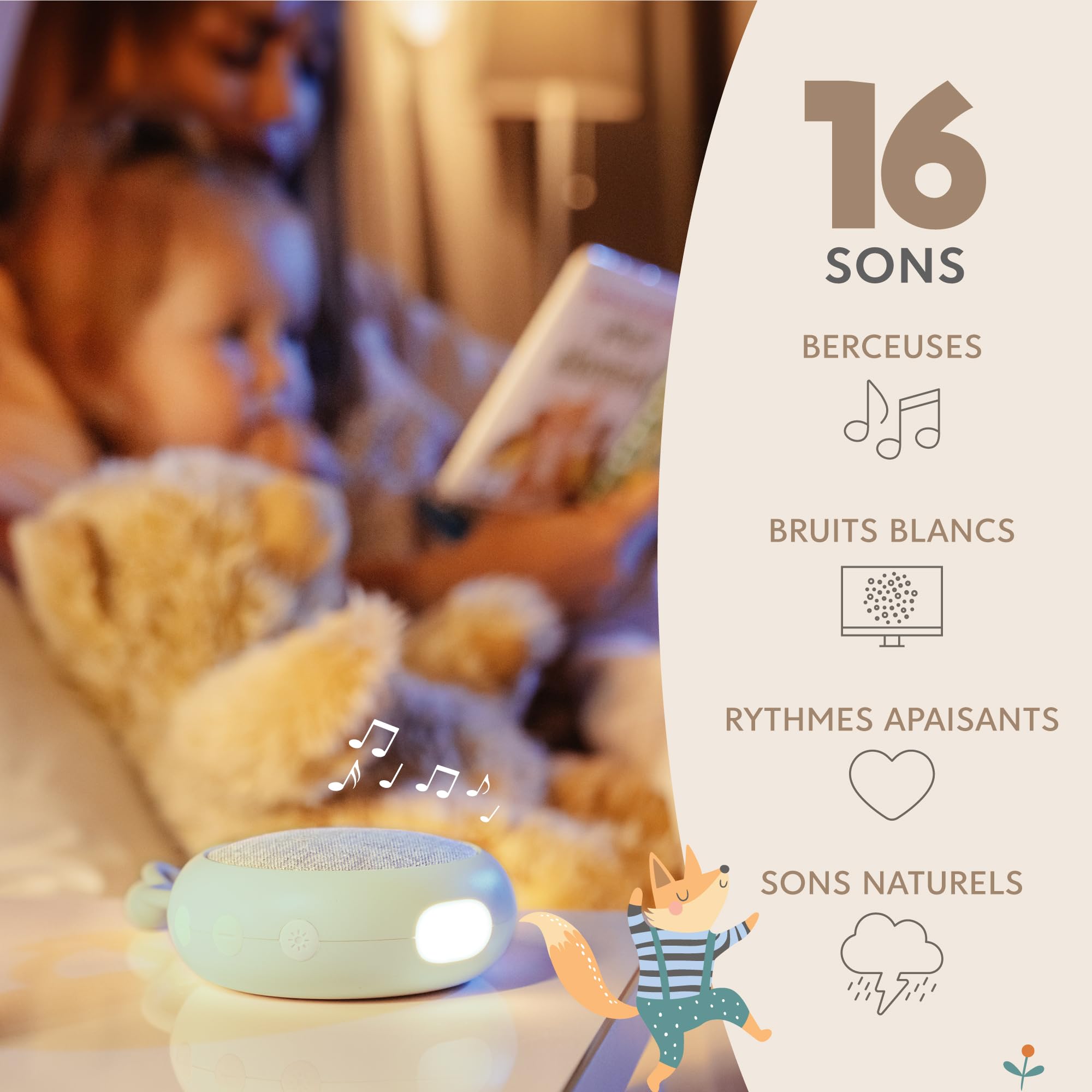 Sweety Fox Machine Bruit Blanc Bebe - Vert - Berceuse Bebe, Veilleuse et Bruit Blanc Bebe Sommeil, 15 Sons, USB Rechargeable