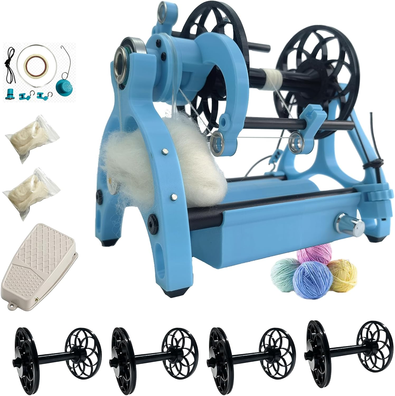 Electric Yarn Winder Electric Yarn Spinner Kit Spinning Wheel for Wool with Foot Controller & 4 Bobbins, Small Wool Spinner with Forward & Reverse(Black)