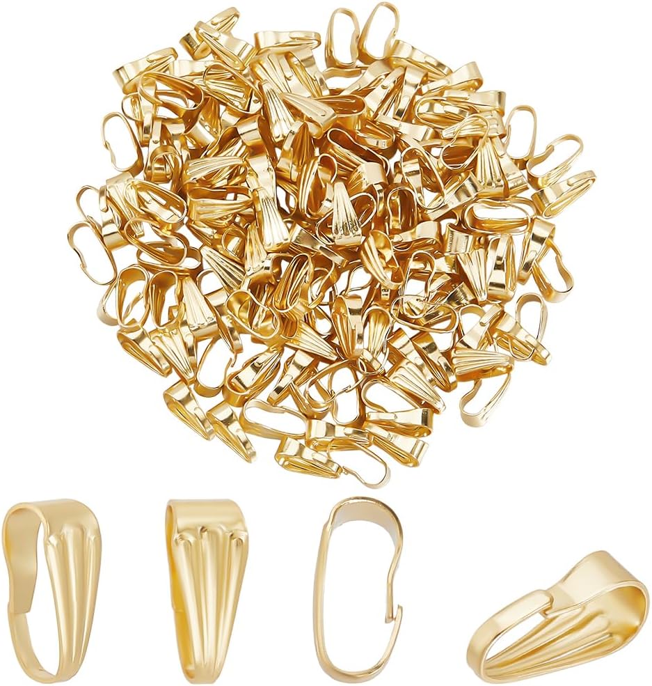 Beebeecraft 1 Box 200Pcs Snap on Bails Golden Pinch Clip 18K Gold Plated Stainless Steel Pinch Bail Pendant Clip Clasp Dangle Ice Pick Connector for Jewelry Making Necklace Charm