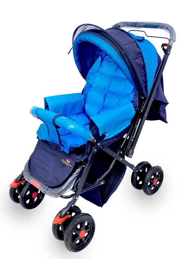 Baby Stroller and Pram with Mosquito Net and Wheel Breaks Stroller Cushion 360 degree Swivel Wheel, Large Storage Basket, Reversible Handlebar for New Born, Toddler & Kids (Blue)