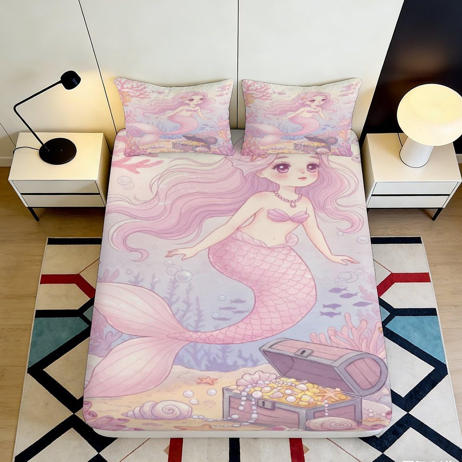 3D Printed Mermaid Fitted Sheet Soft Microfiber Deep Pocket Bedroom Bedding Mermaid Mattress Fitted Cover Non-Slip Full Wrap for Adults Teens 200x200x25cm 90x200x25cm