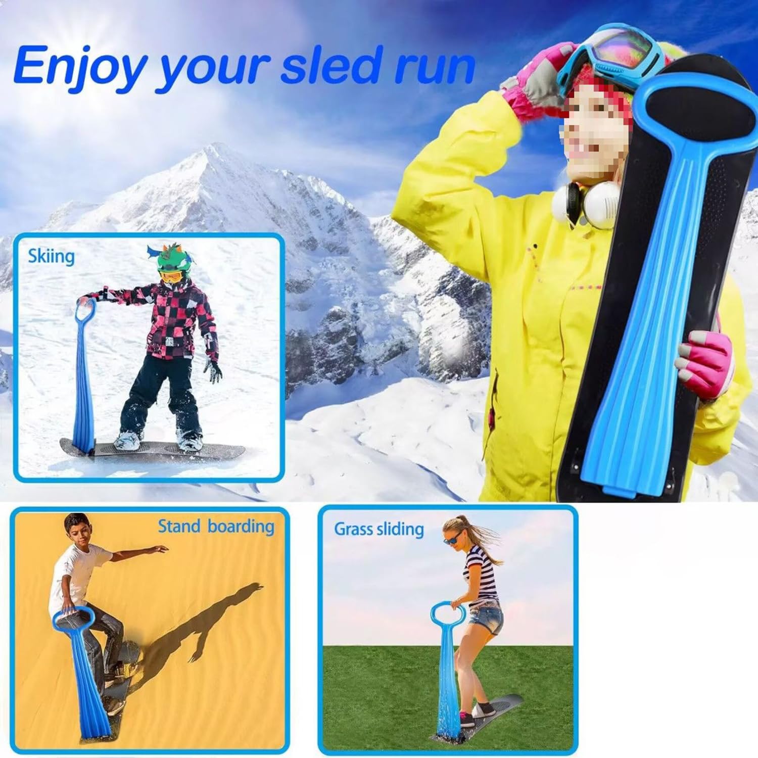Bob Schlitten, robuster Kunststoffrodel Mit Brems, Kinderschlitten, Einfacher Steuerung Zipfelbob, Zusammenklappbare, Bis 100Kg Belastbar, Für Kinder Und Erwachsene, Outdoor Wintersport