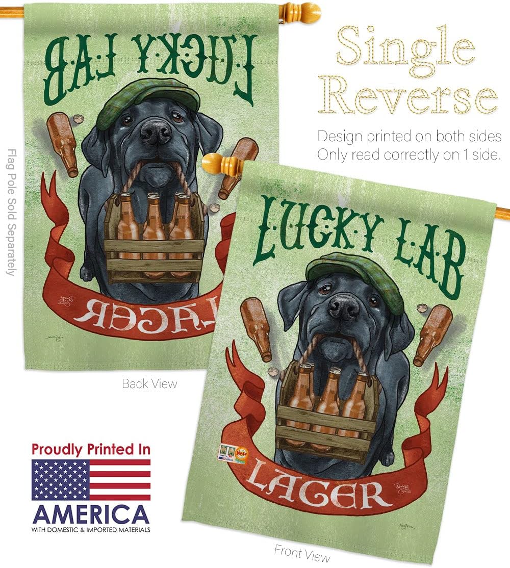 Lucky Lab Lager House Flag Animals Dog Puppy Spoiled Paw Canine Fur Pet Nature Farm Animal Creature Small Decorative Gift Yard Banner Made In USA 28 X 40