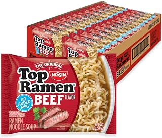 Nissin Top Ramen Beef Instant Noodle Soup, 3oz Packs (24 Count) - Original Since 1970, No Added MSG, Quick 3-Min Prep