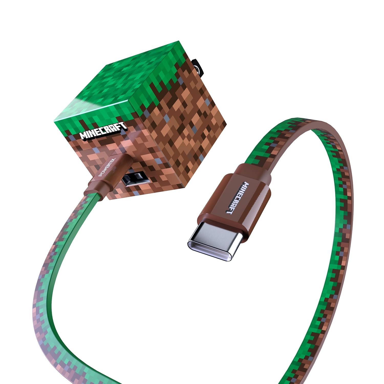 LIQUIPEL Powertek Minecraft Charging Bundle USB-C to C Cable and Wall Charger (Grass Block)