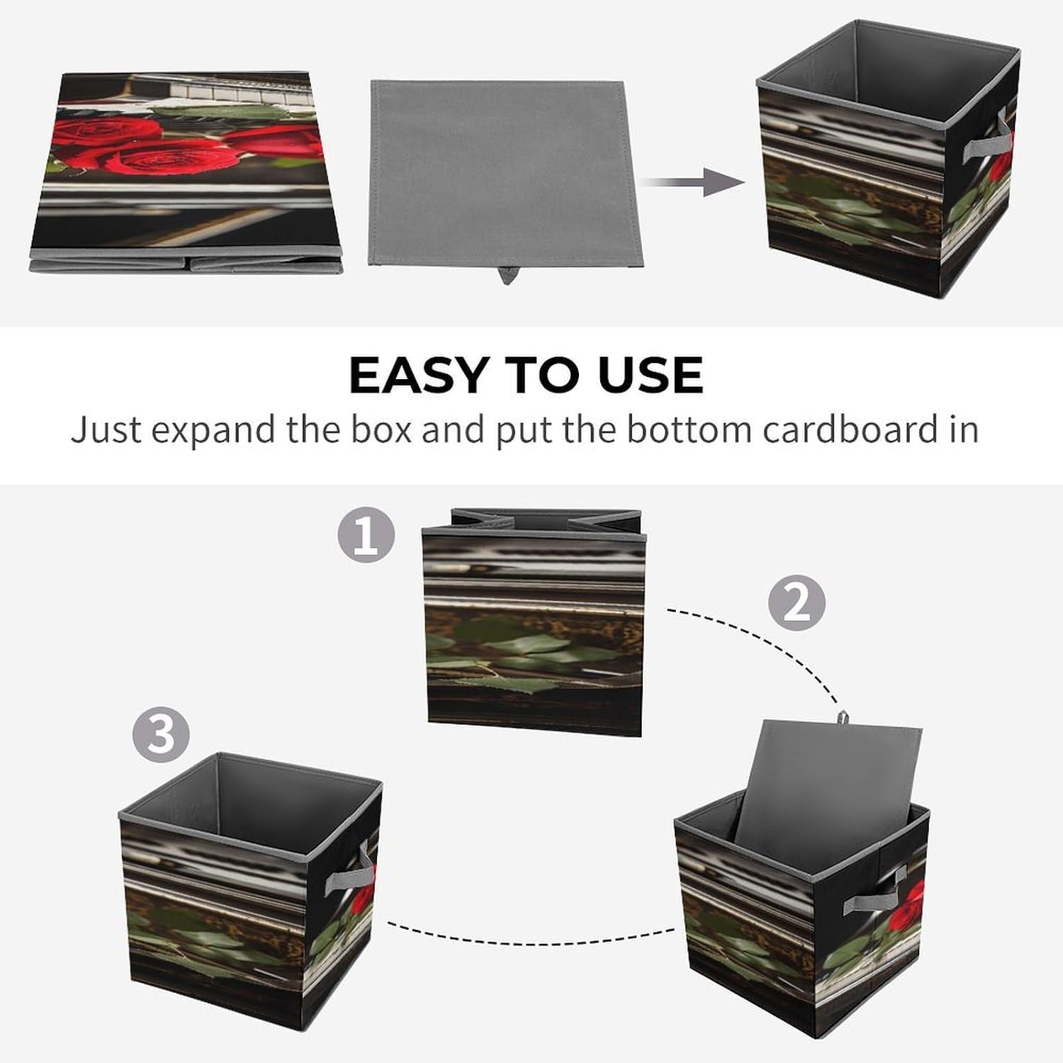 Red Rose on Piano Fabric Bins Storage Basket Square Baskets | Storage Bin with Double Handles,Cube Collapsible Organizers for Organization,Closet,Shelves,Offices