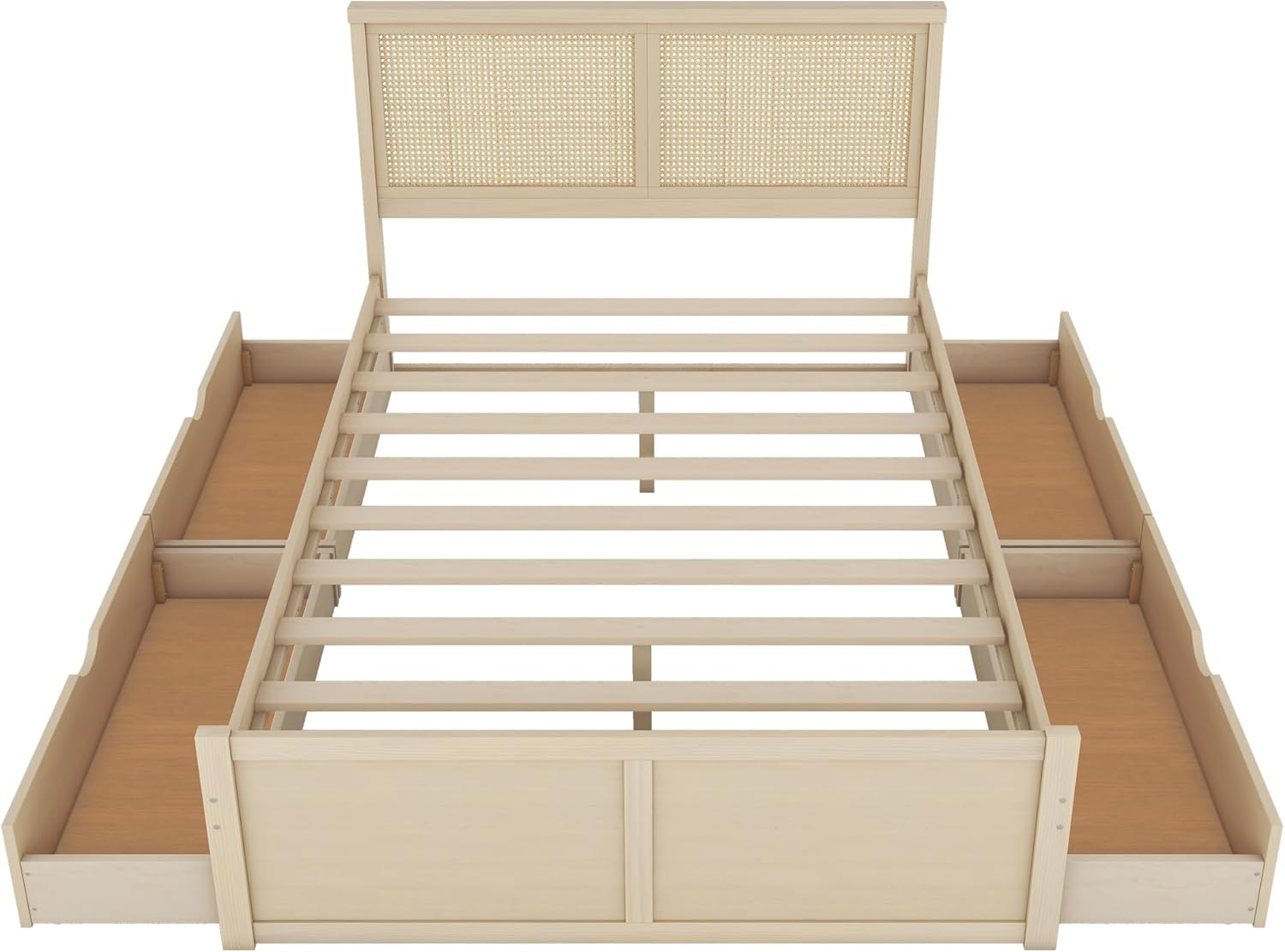 JULYFOX Queen Size Bed Frame 800 lbs Heavy Duty, Solid Pine Wood Platform Bed Frame with 4 Storage Drawers Underneath and Rattan Headboard(Natural, Queen)