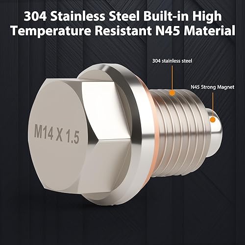 Miniatura 6 de Tapón de drenaje de aceite magnético de acero inoxidable M14 x 1.5, tuerca perno de drenaje del cárter con junta de cobre y arandela aplastante