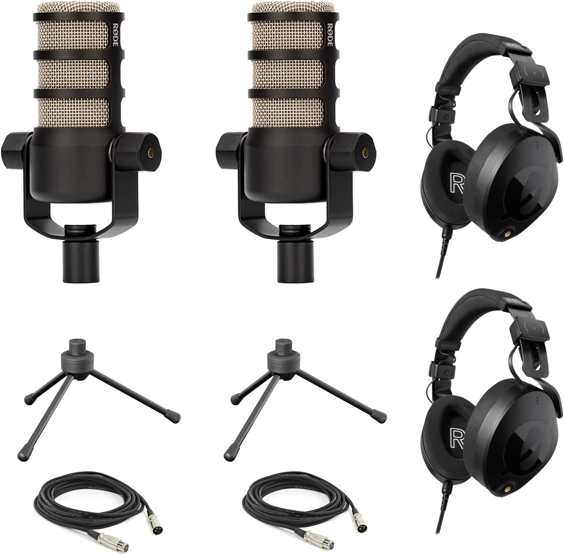 StreamEyeRode PodMic Dynamic Podcasting Microphones (Pair) with Tripod Desktop Microphone Stands, Rode NTH-100 Professional Closed-Back Over Ear Headphones, XLR Cables and Polishing Cloth